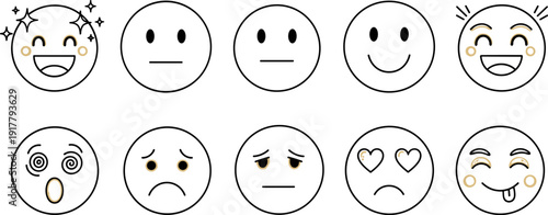 Set of ten minimalist line-art emojis with gold accents for digital communication in flat vector style,