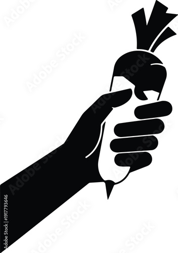 silhouette hand holding a fresh carrot with green leaves vector design