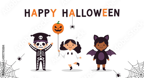 Three adorable children wearing spooky Halloween costumes like skeleton ghost and bat standing with pumpkins spiders and webs in a fun scene.