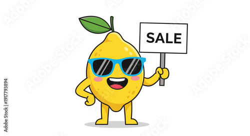 Happy cartoon lemon character wearing stylish blue sunglasses and holding a white sale sign for summer promotions and marketing campaigns.