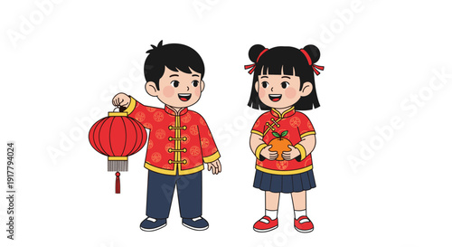 Boy and girl dressed in traditional red Chinese clothing holding a lantern and an orange to celebrate the Lunar New Year and spring festival.