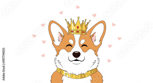 Royal Corgi dog wearing a golden crown and a matching collar surrounded by small pink floating hearts in a sweet and loving illustration.
