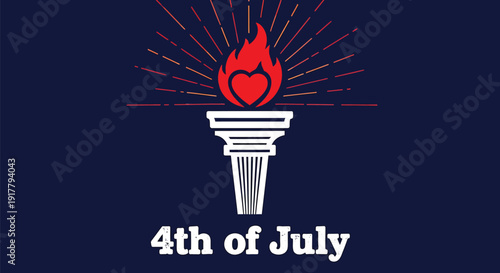Patriotic 4th of July icon with torch and heart flame, isolated on transparent background