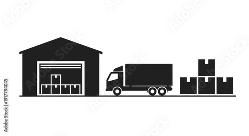 Warehouse truck and boxes in a stark black silhouette