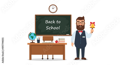 Male teacher standing in a classroom beside his desk holding a school bell in front of a blackboard with the message back to school.