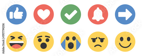 Collection of emoji reactions for social media, like, dislike, heart, share, comment and more icon set for web, vector illustration, flat style for top ranked digital feedback visuals, messaging apps