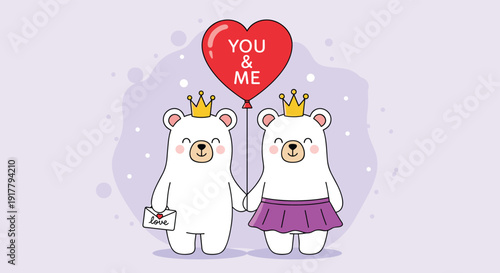 Two cute polar bears holding hands with a heart balloon saying you and me for a romantic and sweet illustration of love and companionship.