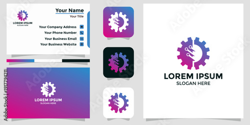 Modern and professional branding identity featuring a tech-inspired gear logo with a human silhouette, complemented by a business card design