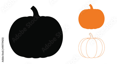 Two pumpkins displayed one black silhouette and one orange illustration