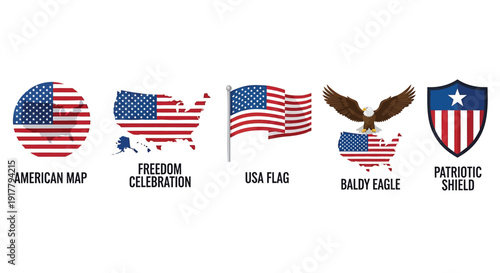 Patriotic American icon collection. Includes American map, freedom celebration, USA flag, bald eagle, patriotic shield. Created in flat style with red, white, and blue palette.