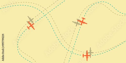 Three small airplanes flying in different directions leaving dotted trails.