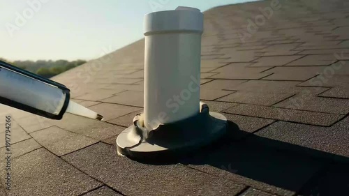 A professional applies waterproof sealant to a cracked vent pipe boot on an asphalt shingle roof during a roof inspection.