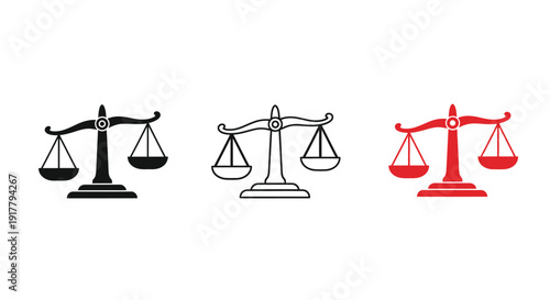 Three scales of justice icons in varied colors a graphic silhouette
