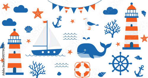Flat vector illustration set of nautical elements including lighthouses sailboat blue whale seagull anchors steering wheel lifebuoy starfish shells and coral reef waves.