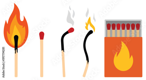 Burning matchstick flame icon set, vector illustrations representing fire ignition, heat, combustion, safety warning, hazard awareness, emergency concepts, and digital or print design projects.