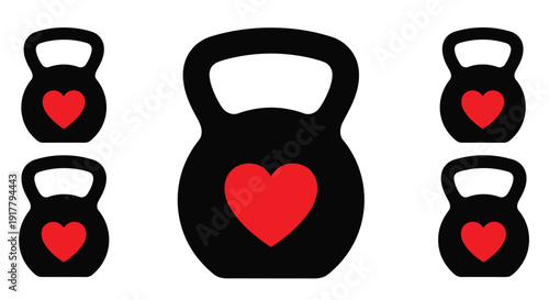 Three kettlebells with heart cutouts a loving fitness concept silhouette