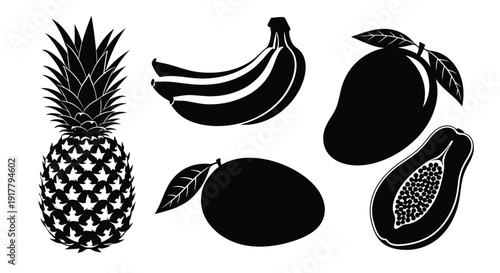 Black silhouettes of tropical fruits including pineapple banana and mango silhouette
