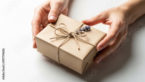 Hands holding a beautifully wrapped gift box tied with twine and decorated with a small lavender sprig.