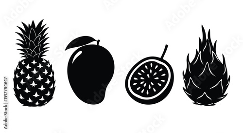 Black and white fruit illustrations in a graphic silhouette