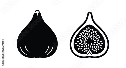 Fig illustration showing whole fruit and cross section black silhouette
