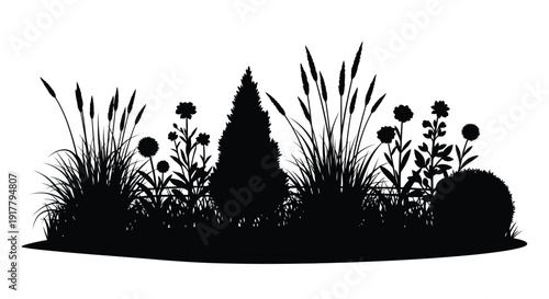 Black garden plants and bushes forming a striking silhouette