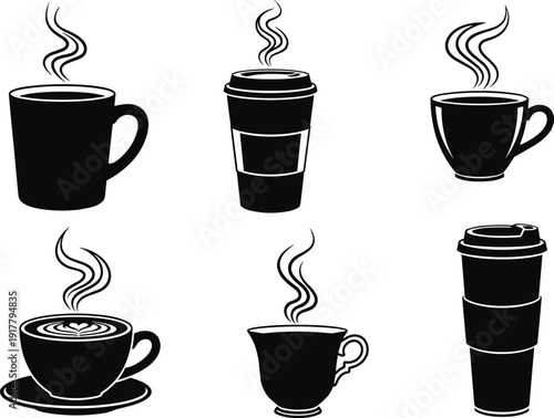 Black and white steaming coffee cups and mugs
