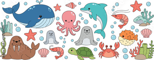 Flat vector illustration set of cute sea animals including blue whale dolphin octopus walrus seal sea turtle puffer fish crab and shrimp.