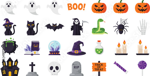 Flat vector illustration set of spooky Halloween elements including ghosts pumpkins black cats bats witches grim reaper snakes spiders skulls and haunted houses.