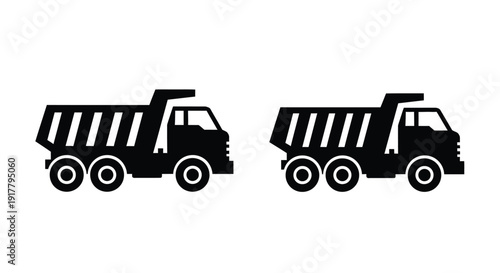 Two black dump trucks displayed side by side a graphic silhouette