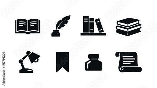 Literary genres. Filled icon set of Literary genres: open book, quill pen, bookshelf, book stack, reading lamp