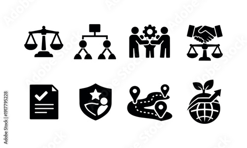 Equitable management culture. Filled icon set of Equitable management culture: fairness scale, transparent