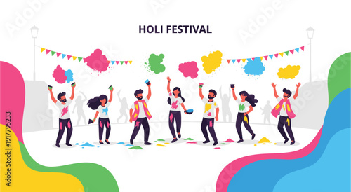 People Celebrating Holi Festival with Colorful Powder vector illustration