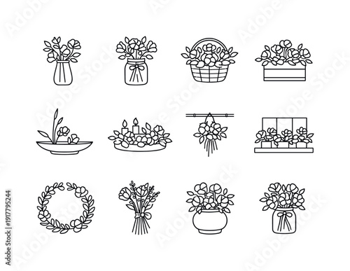 minimalist line art floral arrangements. Line outline icon set of minimalist line art floral arrangements: