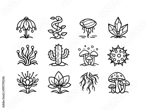Alien plants. Line outline icon set of Alien plants: bioluminescent flower, spiral vine, floating seed pod,