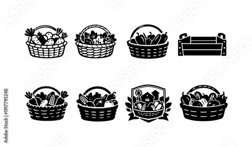 Garden vegetable basket contour drawing. Filled icon set of Garden vegetable basket contour drawing: basket