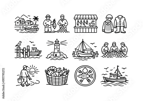 Coastal fishing culture. Line outline icon set of Coastal fishing culture: seaside village, fishermen