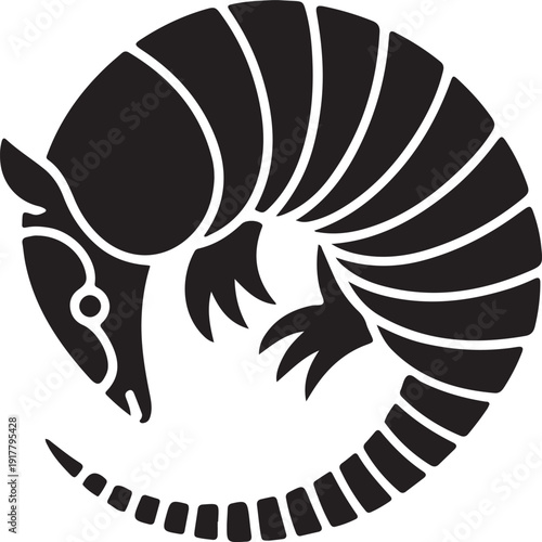 Stylized Black Armadillo Silhouette Curled in Circle