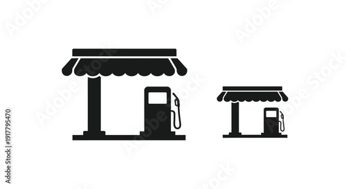 Two gas stations with canopies depicted in a stark silhouette