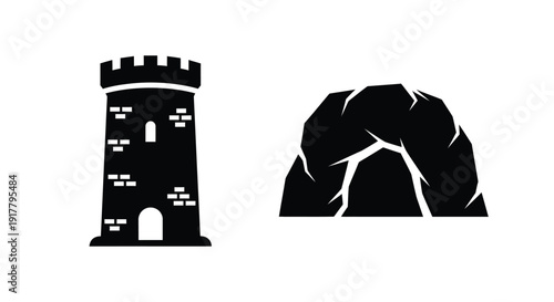 A stark castle tower and rocky outcrop in black silhouette