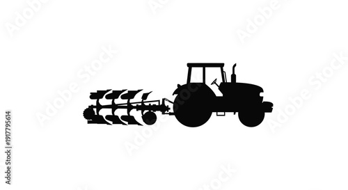 A black silhouette of a tractor plowing a field silhouette