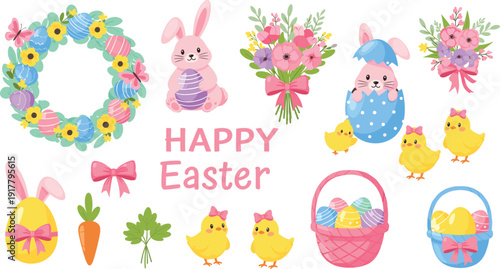 Flat vector illustration set of Happy Easter elements including pink bunnies colorful eggs chicks floral wreaths bouquets gift baskets carrots and pink bows.