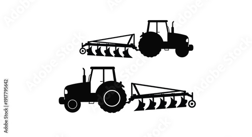Black silhouettes of farming tractors and plows in a rural setting silhouette
