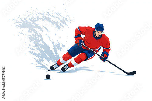 Dynamic action of ice hockey forward player performing a power skate on rink