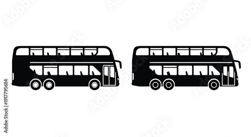 Two black double decker buses displayed side by side in silhouette