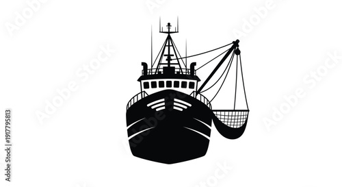 Black ship with crane and net depicted in a striking silhouette
