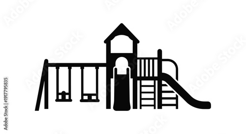 Black playground structure with swings and slide a striking silhouette