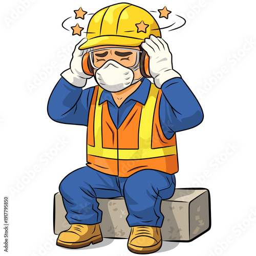 The construction worker was holding his head because he felt dizzy and unwell.