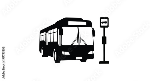 A black silhouette of a public bus near a bus stop silhouette
