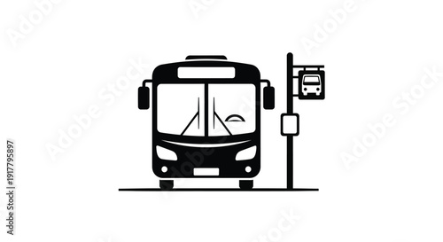 Black bus and bus stop depicted in a stark graphic silhouette