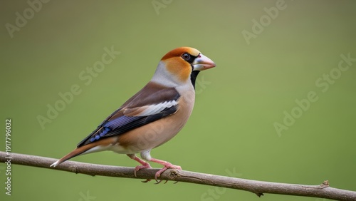 Hawfinch bird perched on a branch in soft green background.